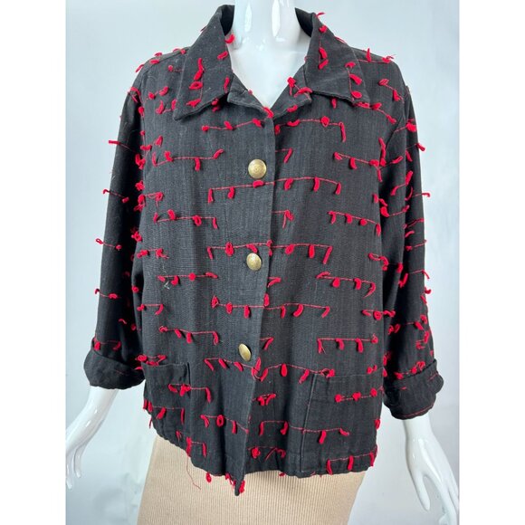 Vintage Black & Red Cactus Flower Jacket With Textured Knot Detailing & Brass Bu - Picture 1 of 16
